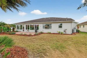 A spacious backyard with a well-kept lawn, palm trees, and a modern single-story house, set against a clear blue sky.